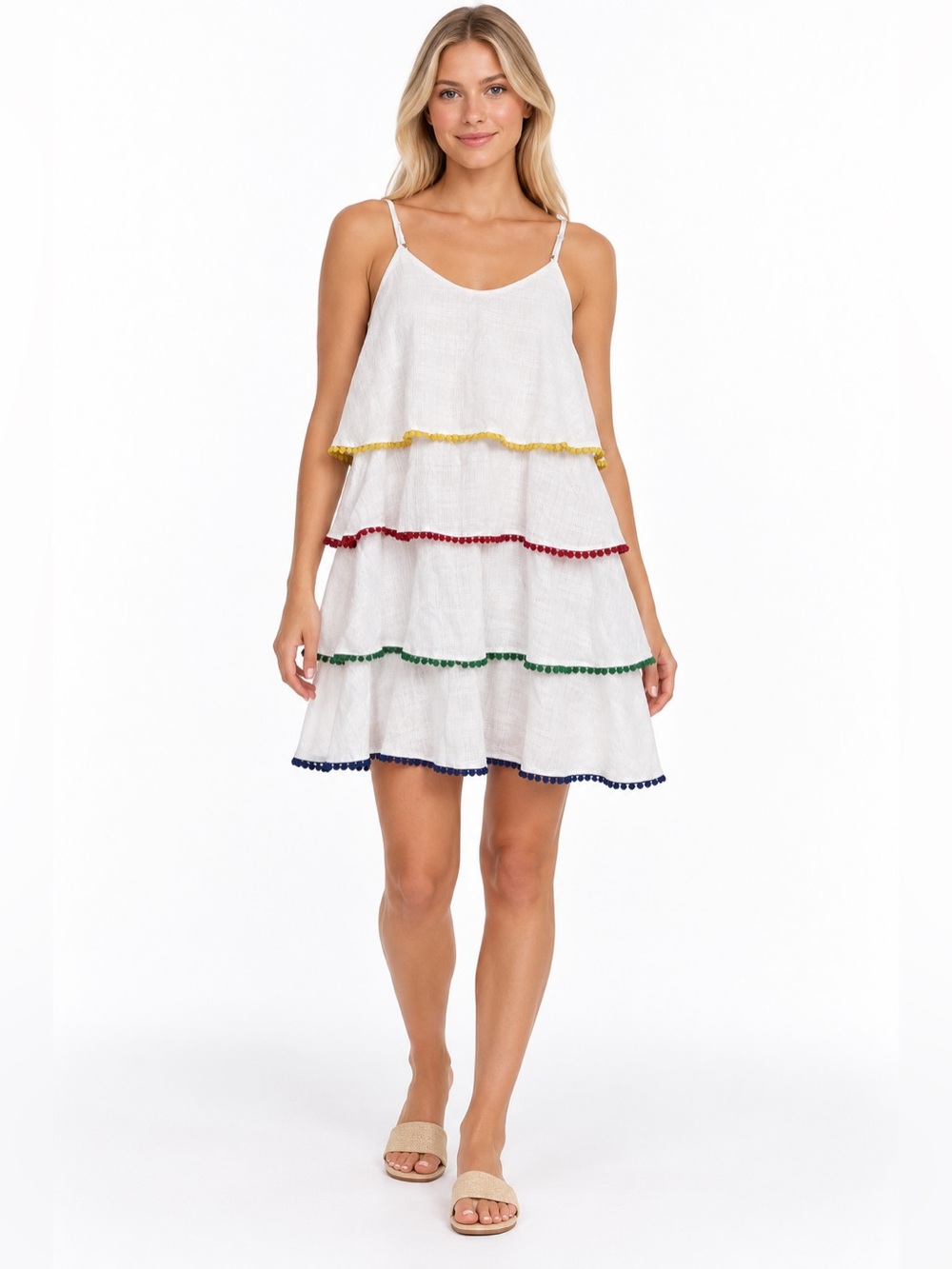ANDREE BY UNIT Size Small White Tiered Dress Yellow, Red, Green & Blue